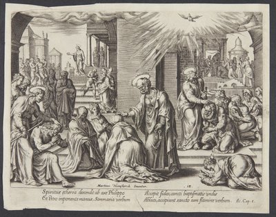 St. Peter, St. Johannes og St. Filip legger hendene på de døpte i Samaria av Philips Galle
