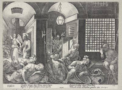 St. Peter frigjort fra fengselet av engelen av Philips Galle