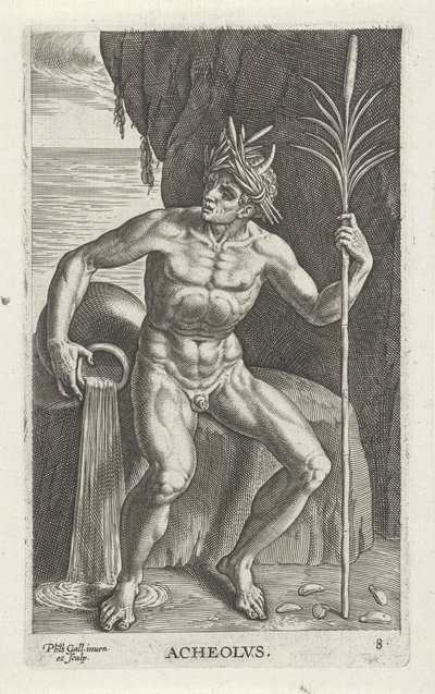 Zeegod Achelous Acheolvs (tittel på objekt) Rivier- en zeegoden (serietittel) Elegante portretter av de marine halvgudene og sjøløvene (serietittel) av Philips Galle