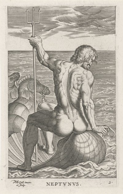 Zeegod Neptun Neptvnvs (tittel på objekt) Rivier- en zeegoden (serietittel) Elegante portretter av de marine halvgudene og Amnicus-selene (serietittel) av Philips Galle