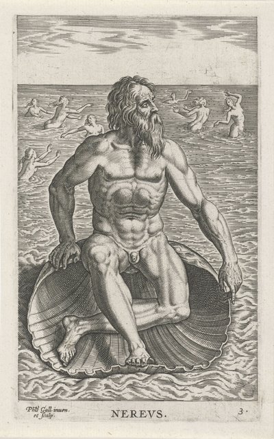 Zeegod Nereus Never (tittel på objekt) Rivier- en zeegoden (serietittel) Elegante portretter av de marine halvgudene og sjøløvene (serietittel) av Philips Galle