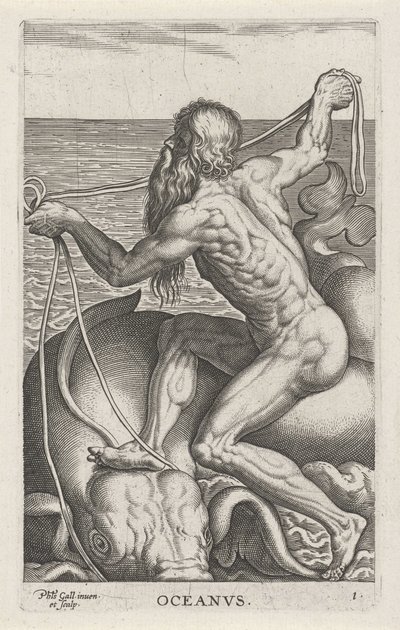 Zeegod Oceanus Oceanvs (tittel på objekt) Rivier- en zeegoden (serietittel) Elegante portretter av de marine halvgudene og sjøløvene (serietittel) av Philips Galle
