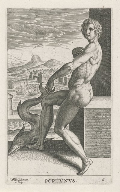 Zeegod Portunus Portvnvs (tittel på objekt) Rivier- en zeegoden (serietittel) Elegante portretter av de marine halvgudene og Amnicus-selene (serietittel) av Philips Galle