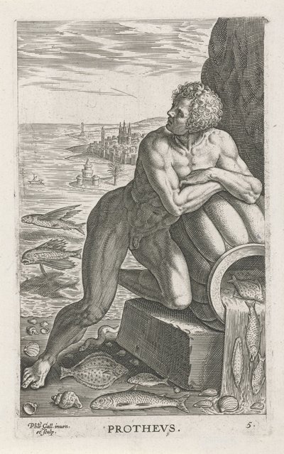 Zeegod Protheus Prothevs (tittel på objekt) Rivier- en zeegoden (serietittel) Elegante portretter av de marine halvgudene og Amnicus-selene (serietittel) av Philips Galle