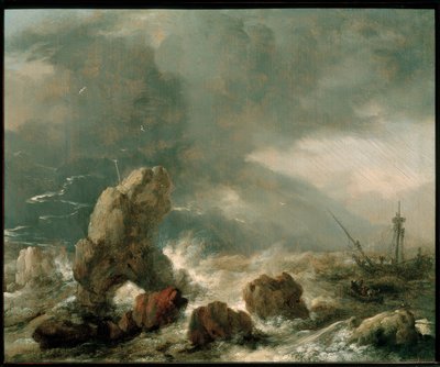 Stormfullt hav med tre skip i nød av Philips Wouwerman