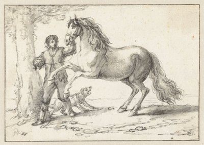 Ung mann som holder en oppveksthest ved hodelaget, skremt av en bjeffende hund av Philips Wouwerman