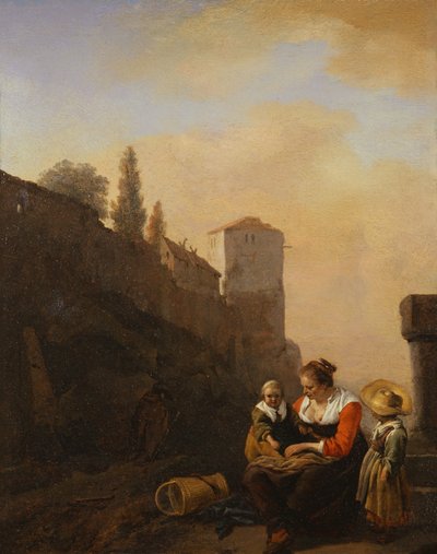 En bonde og to barn hviler foran et tårn i Italia (olje på lerret) av Philips Wouwermans or Wouvermans