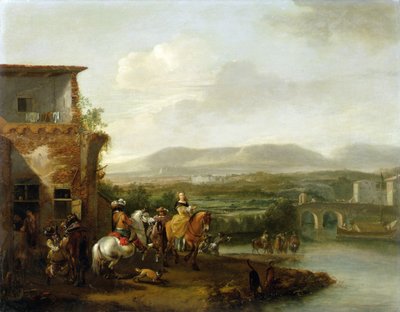 En elegant ridefest utenfor en gård ved en elv (olje på lerret) av Philips Wouwermans or Wouvermans