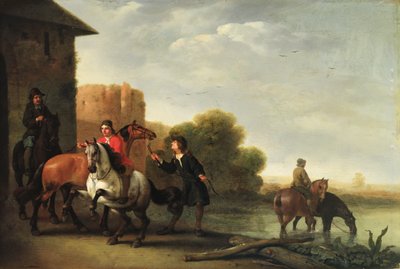 Ryttere som vanner hestene sine av Philips Wouwermans or Wouvermans