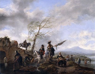 Et omfattende elvelandskap med soldater og en fanebærer som vanner hestene sine, av Philips Wouwerman