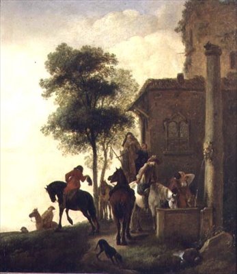 Reisende som vanner hestene sine utenfor et vertshus (olje på panel) av Philips Wouwermans or Wouwerman