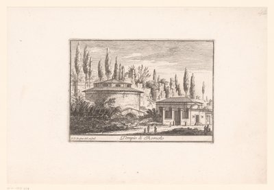Utsikt over Romulus-tempelet Tempio di Romolo (tittel på objekt) Utsikt over antikkens og moderne Roma (serietittel) Varie Vedute di Roma Antica, e Moderna (serietittel) av Philothée Francois Duflos