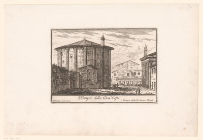 Utsikt over Vesta-tempelet Tempio della Dea Veste (tittel på objekt) Utsikt over antikkens og moderne Roma (serietittel) Varie Vedute di Roma Antica, e Moderna (serietittel) av Philothée Francois Duflos