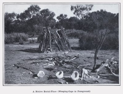 Et innfødt gravsted, gråtende caps i forgrunnen (s/hvitt-bilde) av Photographer Australian
