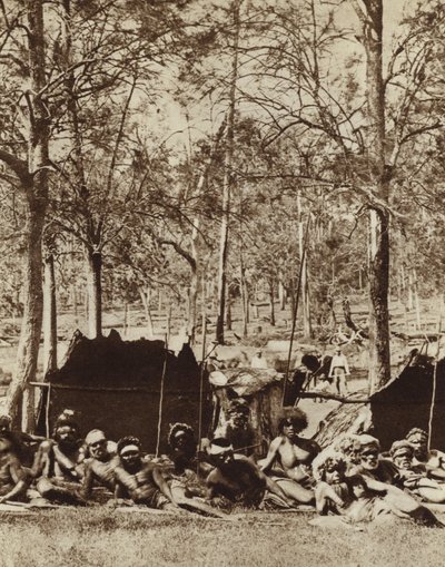 Australske aboriginer ly bak et vindfang (s/hvitt bilde) av Photographer Australian