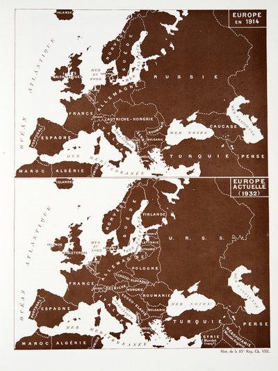 Kart over Europa i 1914, og Europa i 1932, fra Histoire de la Troisieme Republique, Vol. I, Politisk historie, pub.1933 (farge litho) av Photographer French