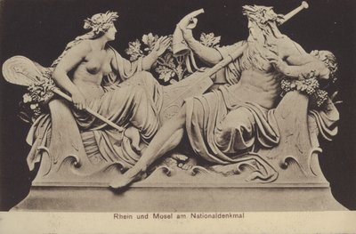 Allegoriske figurer som representerer Rhinen og Mosel ved Nationaldenkmal, monument til minne om foreningen av Tyskland, Rudesheim am Rhein, Hessen (s/hvitt-bilde) av Photographer German