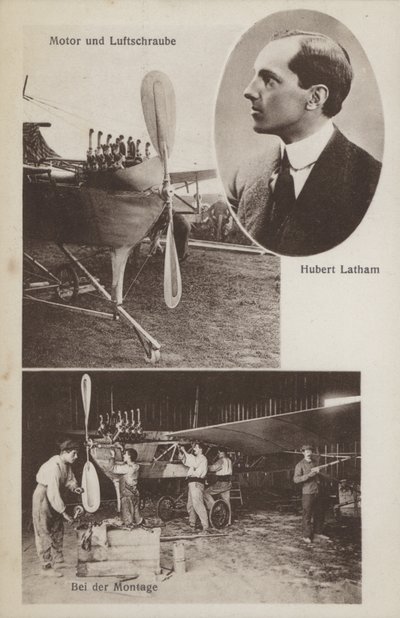 Den franske flygeren Hubert Latham og flyet hans (s/hv-bilde) av Photographer German
