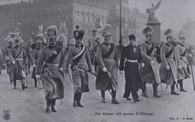 Kaiser Wilhelm II av Tyskland og hans seks sønner i militæruniform (s/hv-bilde) av Photographer German