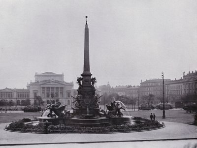 Leipzig: Mende-fontenen på Augustusplatz og det nye teateret (s/hvitt-bilde) av Photographer German