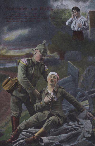 Stolzenfels slott ved elven Rhinen, postkort med tysk patriotisk militærtema (farget bilde) av Photographer German