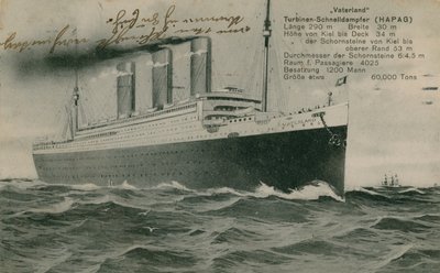 Det tyske linjeskipet, Vaterland. Postkort sendt i 1913. av Photographer German