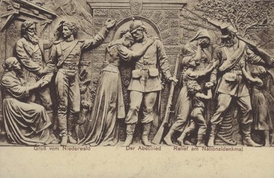 Avskjeden, relieff på Nationaldenkmal, monument til minne om foreningen av Tyskland, Rudesheim am Rhein, Hessen (s/hv-bilde) av Photographer German