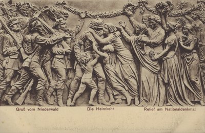 Hjemkomsten, relieff på Nationaldenkmal, monument til minne om foreningen av Tyskland, Rudesheim am Rhein, Hessen (s/hvitt foto) av Photographer German