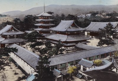 Japan, ca. 1912: Horyu-ji, det eldste buddhisttempelet i Japan, bygget for rundt 1300 år siden, Yamato (bilde) av Photographer Japanese