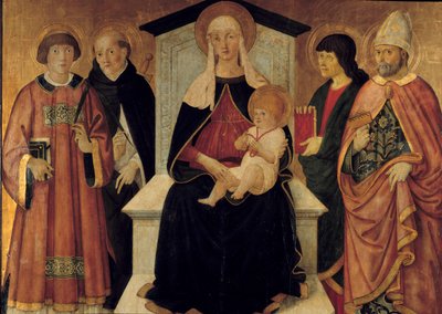 Jomfruen og barnet Jomfruen er omgitt av Saint Laurent-diakonen, Saint Peter, Saint John, Saint Blaise de Sebaste. Altertavle av Pier Francesco Fiorentino (aktiv rundt 1475-1500) 1490. Søn. 132 x 143 m. Avignon, Musee du Petro Palais av Pier Francesco Fiorentino