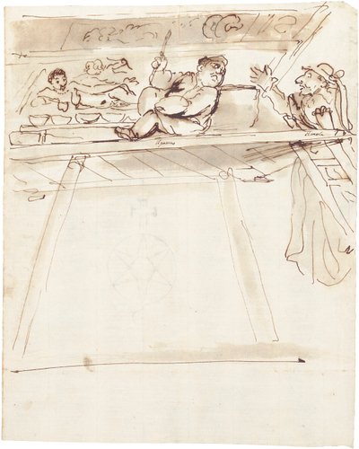 En karikatur av Pier Francesco Mola som avbryter Giovanni Battista Passeri som maler en takdekorasjon av en liggende Venus av Pier Francesco Mola