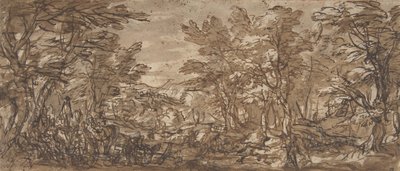 Skogsscene, et stopp til venstre, en jakt i sentrum, 1612-66. av Pier Francesco Mola