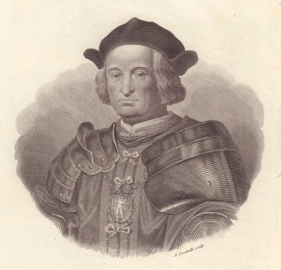 Portrett av italiensk militærleder og politiker Gian Giacomo Trivulzio (1440-1518), kobberstikk av Locatelli av Blaise Nicolas Le Sueur