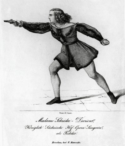 Portrett av Wilhelmine Schroder-Devrient (1804-1860), tysk sopran, i rollen som Leonora i Fidelio eller konjugal kjærlighet, av Ludwig van Beethoven (1770-1827), gravering av Blaise Nicolas Le Sueur