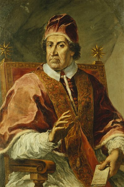 Portrett av pave Clement XI, sittende i halv lengde, iført pavelige kapper, holder et brev, av Pier Leone Ghezzi