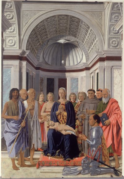 Madonna og barn og hellige, engler og Fredrik av Montefeltro av Piero dellaFrancesca