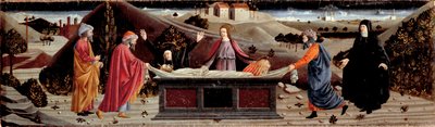 Polyptych of the Misericordia: rundt Jesu Kristi kropp: Saint John, the Jomfru Maria, Saint Mary Magdalena, Saint Joseph of Arimathia og Saint Nicodema av Piero della (school of) Francesca