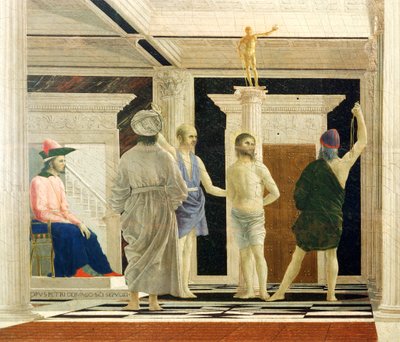 Flagellation of Christ av Piero della Francesca (1412-1492), Tempera på panel, 58x81,5 cm, detalj av Piero della Francesca