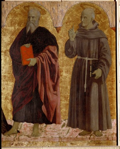 Polyptic of Misericorde: Jomfruen av Misericorde, omgitt av helgener. Detalj som skildrer Saint Andre og Saint Bernardino av Siena (Bernardino da Siena eller Bernardino degli Albizzeschi av Piero della Francesca