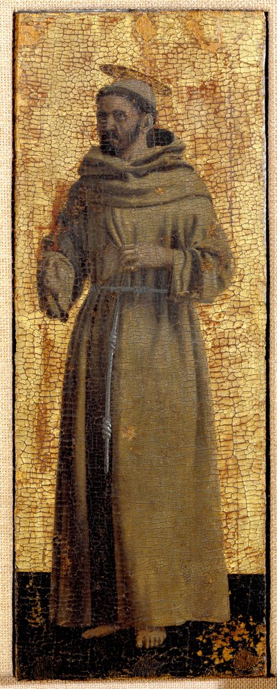 Polyptic of Misericorde: Jomfruen av Misericorde, omgitt av helgener. Detalj som representerer Saint Francois av Assisi. Maleri på tre av Piero della Francesca (1415/20-1492) 1445-1460 Dim. 54x21 cm Sansepolcro, Pinacoteca Comunale av Piero della Francesca