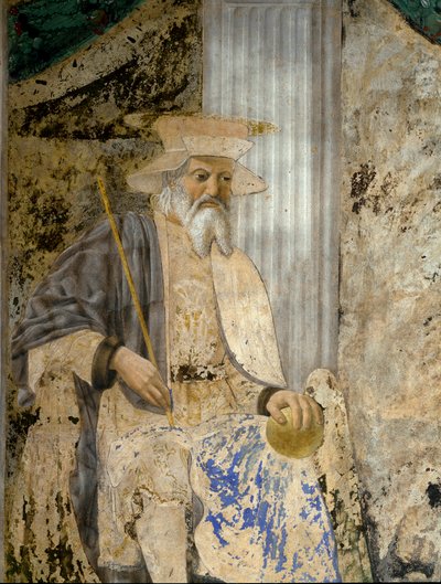 Portrett av Sigismondo Pandolfo Malatesta (1417-1468) i bønn før San Sigismondo (Sigismondo). Detalj av helgenen. Fresco av Pietro di Benedetto dei Franceschi dit Piero della Francesca (1422-1492) av Piero della Francesca