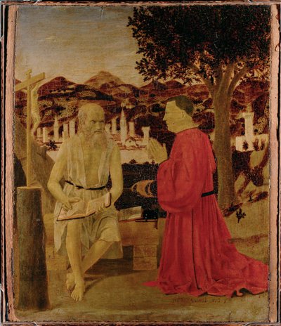 Den hellige Jerome og en hengiven (maleri på tre) av Piero della Francesca