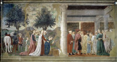 Legenden om det sanne kors, detalj om tilbedelse av det hellige tre og møtet mellom Salomo og dronningen av Saba av Piero della Francesca