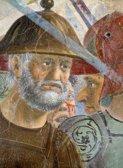 Legenden om det sanne kors, slaget ved Heraclius og Chosroes, detalj av en skjeggete soldat, fullført freskomaleri fra 1464 av Piero della Francesca