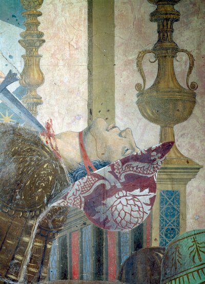 Legenden om det sanne kors, slaget ved Heraclius og Chosroes, detalj av en mann som har fått halsen skåret over, fullført freskomaleri fra 1464 av Piero della Francesca