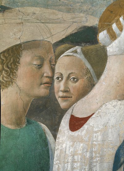 Legenden om det sanne kors, dronningen av Saba som tilber korsskogen, detalj av to ledsagere, fullførte freskomaleri fra 1464 av Piero della Francesca