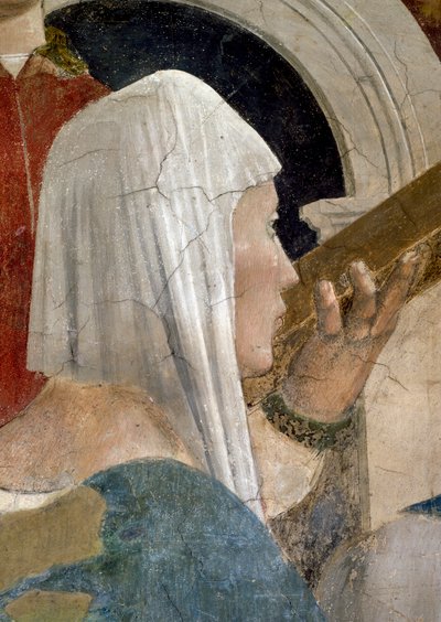 The Legend of the True Cross, the Verification of the Cross, detalj av dronningen av Saba kysser korset, fullført freskomaleri fra 1464 av Piero della Francesca