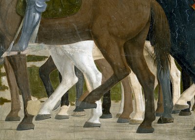 Legenden om det sanne kors, Konstantins seier i slaget ved Milvian Bridge, detalj av hestens føtter, fullført freskomaleri fra 1464 av Piero della Francesca