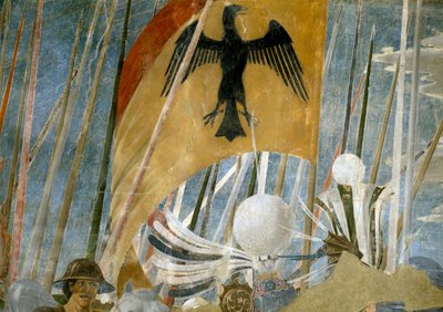 Legenden om det sanne kors, Konstantins seier i slaget ved Milvian Bridge, detalj av banneret, ferdigstilt freskomaleri fra 1464 av Piero della Francesca
