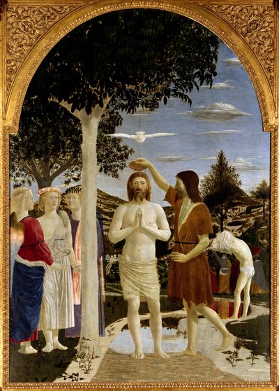 Kristi dåp Johannes døperen døper Jesus mens en annen mann bak ham også forbereder seg til dåpen. Den Hellige Ånd over Kristus i form av duen og disiplene til venstre som ser på scenen. Fresco av Piero della Francesca (1410/1420- av Piero della Francesca